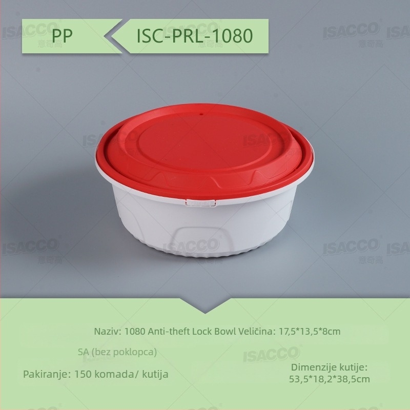 Isacco jednokratna plastična kutija za obrok, okrugla s poklopcem, prehrambena plastika, mikrovalna sigurna, s kopčom protiv krađe, 1080/1280/1580 ml