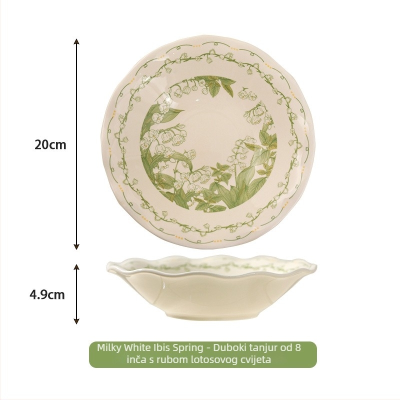 Keramički servis za posluživanje s motivom Lily of the Valley, duboki tanjuri i zdjele, moderni minimalistički stil, promjer 20 cm, premium model 2026, tanjur za ribu i zdjela za juhu i rezance