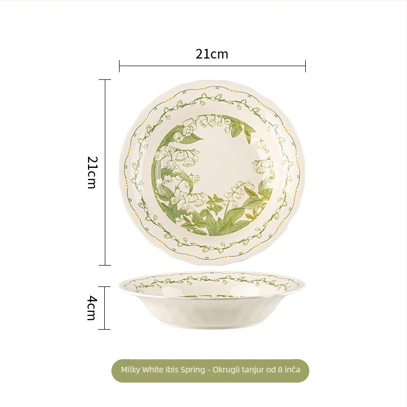 Keramički servis za posluživanje s motivom Lily of the Valley, duboki tanjuri i zdjele, moderni minimalistički stil, promjer 20 cm, premium model 2026, tanjur za ribu i zdjela za juhu i rezance