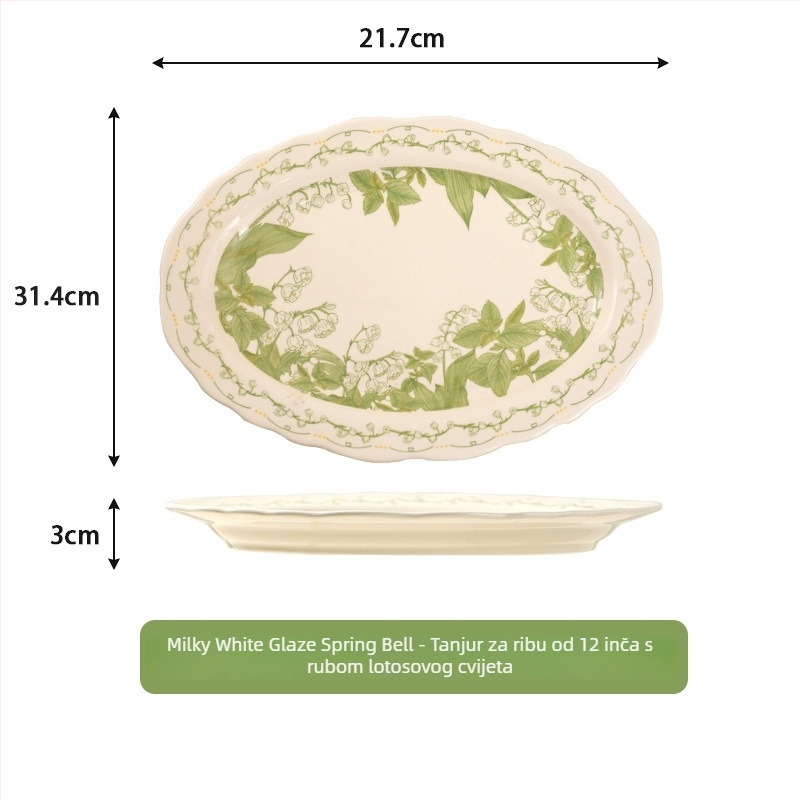 Keramički servis za posluživanje s motivom Lily of the Valley, duboki tanjuri i zdjele, moderni minimalistički stil, promjer 20 cm, premium model 2026, tanjur za ribu i zdjela za juhu i rezance