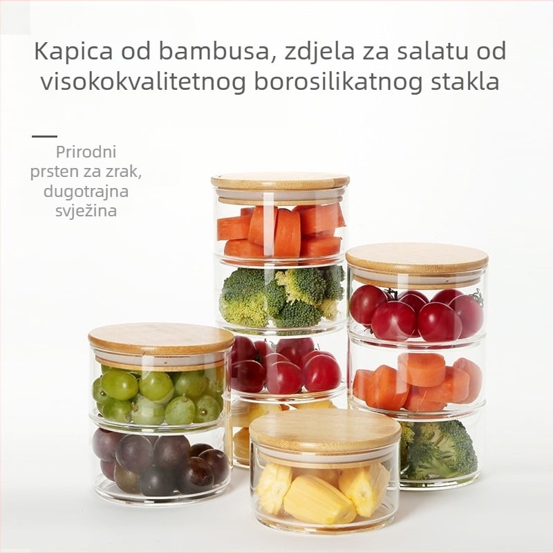 Salatna zdjela od stakla visokog borosilikata s drvenim poklopcem – skladišni spremnik za ručak, voće i povrće, otporan na temperaturu do 150°C