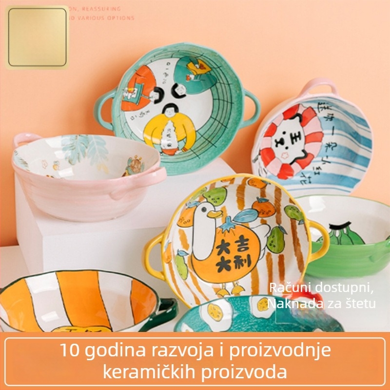 Porcelanski duboki zdjela s dvije ručke, podglazurna dekoracija, mikrovalna pogodna, više uzoraka, novi kineski stil (Porcelan; Duboka zdjela; Dvije ručke; Podglazurna dekoracija; Mikrovalna pogodna)