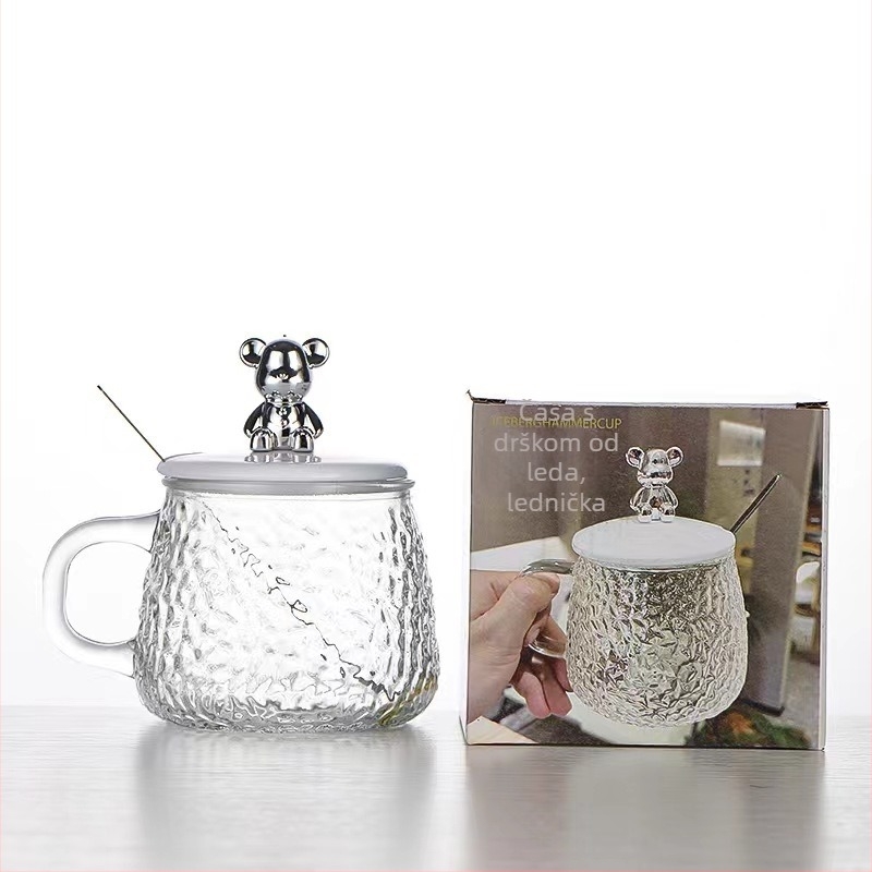 Čaša za vodu u japanskom stilu s ručkom, tekstura hammered mesh, staklo soda-lime, otisak logotipa, mogućnost prilagodbe