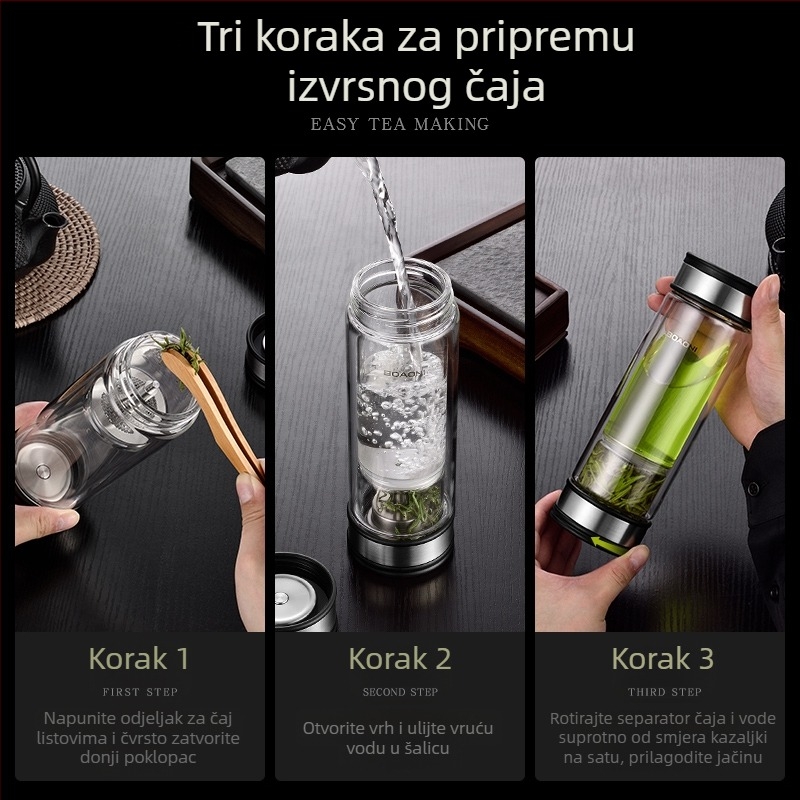 Čaša za čaj s dvostrukim stijenkama i sustavom za razdvajanje čaja, nepropusna brtva, otporna na visoke temperature, s filtrom, kutija za poklon, prilagodljiva