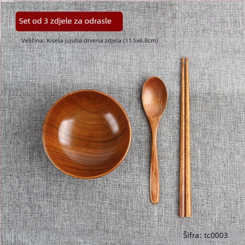Japanskog stila drveni set zdjela za rižu i juhu, okrugli oblik, površina s nerafiniranim lakom, gravirano i prilagodljivo