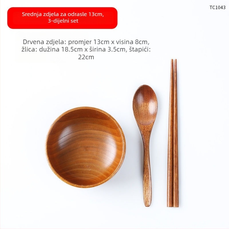 Japanskog stila drveni set zdjela za rižu i juhu, okrugli oblik, površina s nerafiniranim lakom, gravirano i prilagodljivo