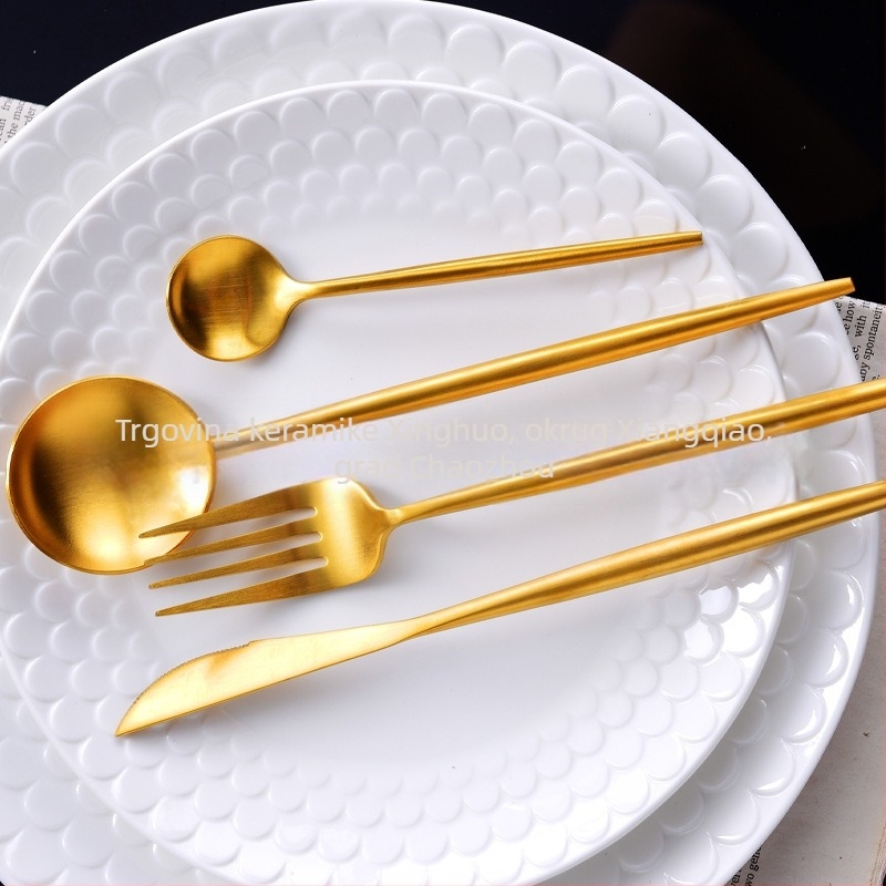 Set pribora za jelo od 304 nehrđajućeg čelika: nož, vilica i žlica, polirana površina, svijetao luksuzni retro stil, Spark Ceramics
