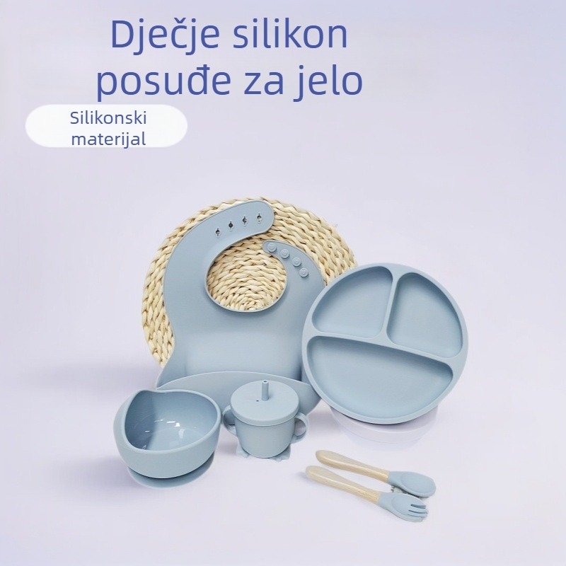 XLEE silikoneni set posuđa za bebe s usisnom bazom i podijeljenim tanjurirom, 6-dijelni set uključuje bib, tanjur, zdjela, čašu za učenje, vilicu i žlicu s drvenom ručkom