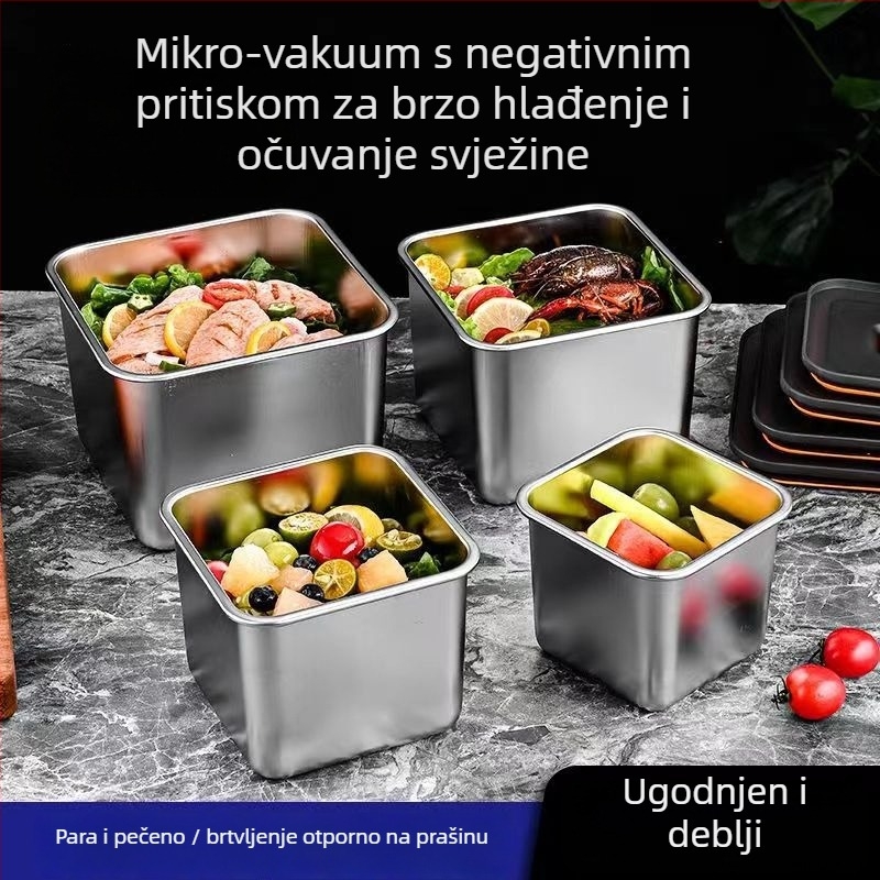 Kutija za hranu od nehrđajućeg čelika, kvadratnog oblika, zatvorena, mikrovalna kompatibilna (Materijal: Nehrđajući čelik; Kategorija: kutija za čuvanje svježine; Oblik: kvadratni; Funkcija: zatvaranje i čuvanje; Mikrovalna pećnica: dostupna)