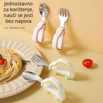 Set dječjih pribora od nehrđajućeg čelika, 3 dijela: trening žlica, žlica za samostalno jelo i vilica s blago zakrivljenom glavom i kratkom drškom