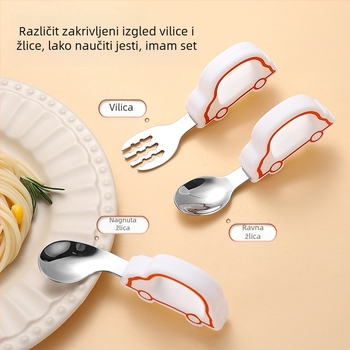 Set dječjih pribora od nehrđajućeg čelika, 3 dijela: trening žlica, žlica za samostalno jelo i vilica s blago zakrivljenom glavom i kratkom drškom