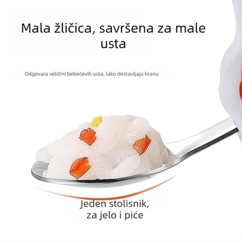 Set dječjih pribora od nehrđajućeg čelika, 3 dijela: trening žlica, žlica za samostalno jelo i vilica s blago zakrivljenom glavom i kratkom drškom