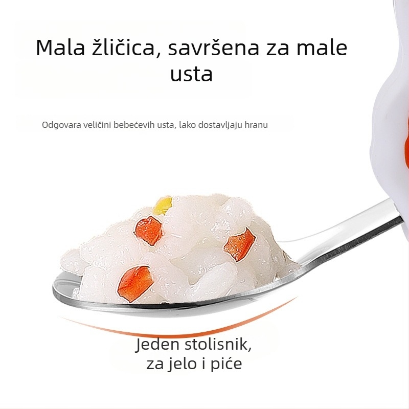 Set dječjih pribora od nehrđajućeg čelika, 3 dijela: trening žlica, žlica za samostalno jelo i vilica s blago zakrivljenom glavom i kratkom drškom