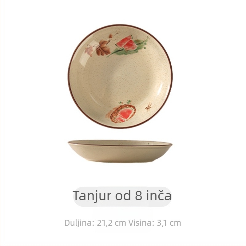 Porcelanski tanjur s podglazurnim dekorom, okruglog oblika, uzorak biljaka i cvijeća, pogodna za mikrovalnu