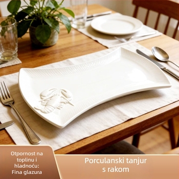 Keramički plosnati tanjur s motivom jastoga, pravokutan, glazirana površina, moderni minimalistički stil, pogodna za mikrovalnu pećnicu