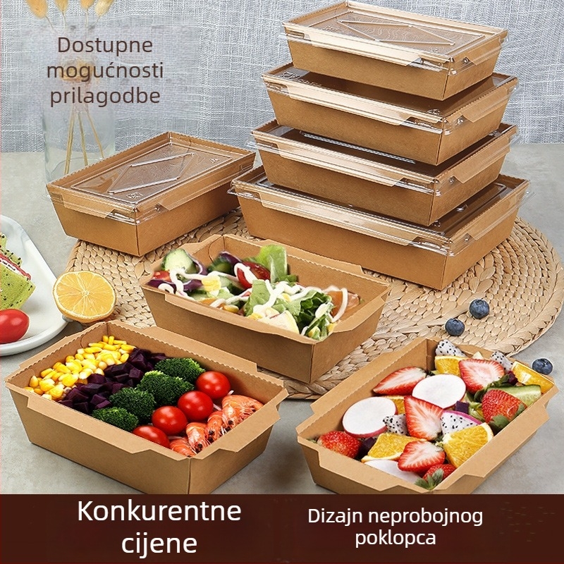 Kutija za ručak od Kraft papira sa poklopcem, kvadratna kutija za dostavu za salate, prženu rižu i čaše s voćem; tiskanje na veliko