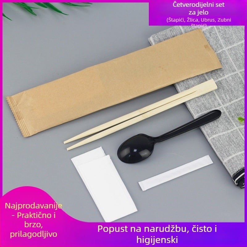 Jednokratne štapiće za jelo, četverodijelni set za dostavu, od bambusa, dužina 21 cm, debljina 0,5 cm, s tiskanim logom, 450 setova po kutiji
