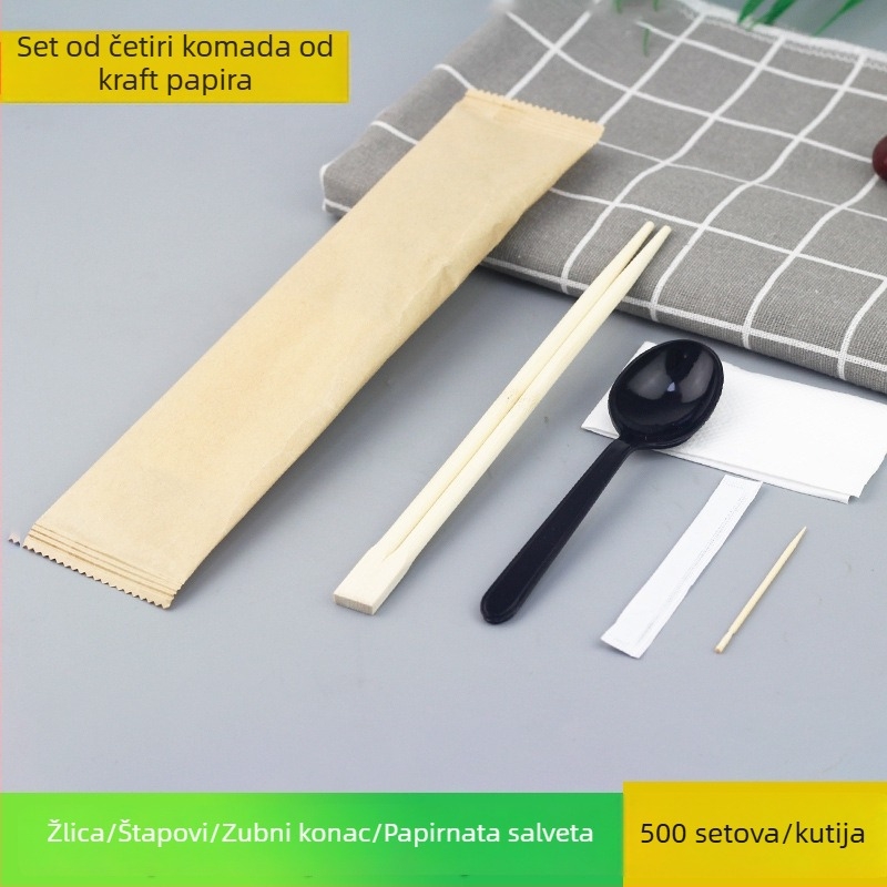Jednokratne štapiće za jelo, četverodijelni set za dostavu, od bambusa, dužina 21 cm, debljina 0,5 cm, s tiskanim logom, 450 setova po kutiji