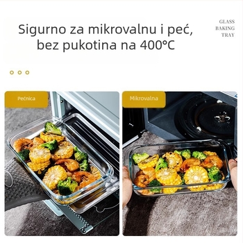 Staklena posuda za pečenje, pravokutnog oblika, otporna na visoke temperature, pogodna za mikrovalnu pećnicu, s mogućnošću prilagodbe