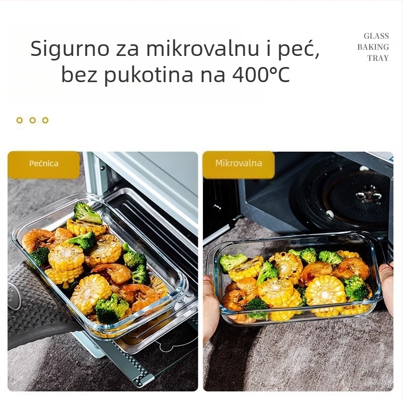 Staklena posuda za pečenje, pravokutnog oblika, otporna na visoke temperature, pogodna za mikrovalnu pećnicu, s mogućnošću prilagodbe