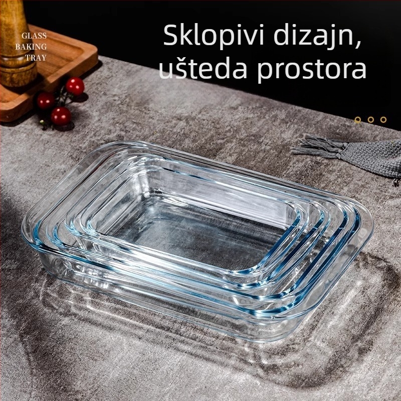 Staklena posuda za pečenje, pravokutnog oblika, otporna na visoke temperature, pogodna za mikrovalnu pećnicu, s mogućnošću prilagodbe