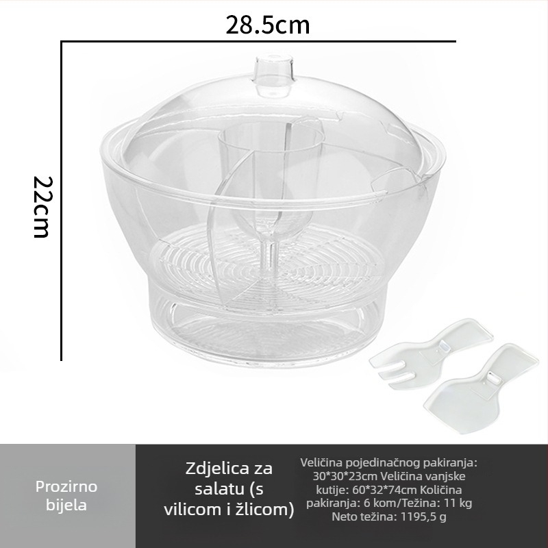 Velika akrilna zdjela za salatu s četiri pretinca, kapacitet 5 L, okruglog oblika, moderni minimalistički stil, čuvanje svježine hrane