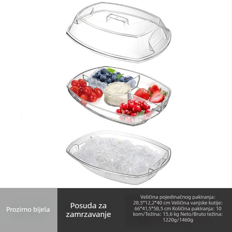 Velika akrilna zdjela za salatu s četiri pretinca, kapacitet 5 L, okruglog oblika, moderni minimalistički stil, čuvanje svježine hrane