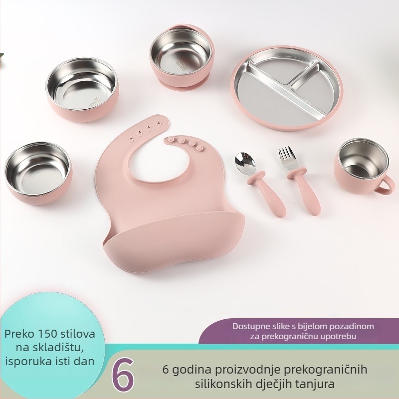 Dječji podijeljeni silikonski tanjur i set pribora, 8 komada, za djecu od 6 mjeseci