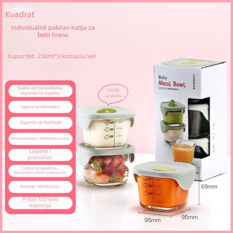 Staklena posuda za dječju hranu, borosilikatno staklo, 230 ml, prenosna zatvorena kutija za obrok, mikrovalna kompatibilna, okrugla, jednostruka
