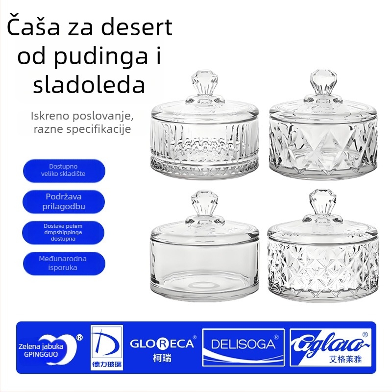 Set staklenih zdjela za desert – okrugli, moderan minimalistički stil, elektroplatirani završni sloj, otisnuto logo, prilagodljivo