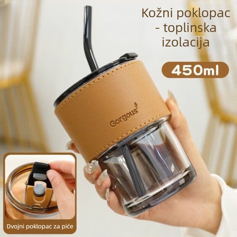 Dvostruko staklena šalica za kavu s poklopcem i slamkom, termički otporna, dvodijelni set
