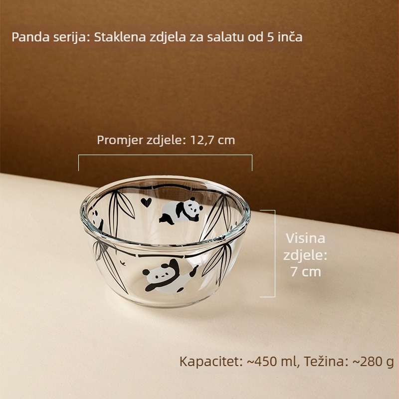 Panda zdjela za salatu od borosilikatnog stakla — otporna na visoke temperature, sigurna za mikrovalnu, okruglog oblika, Panda uzorak