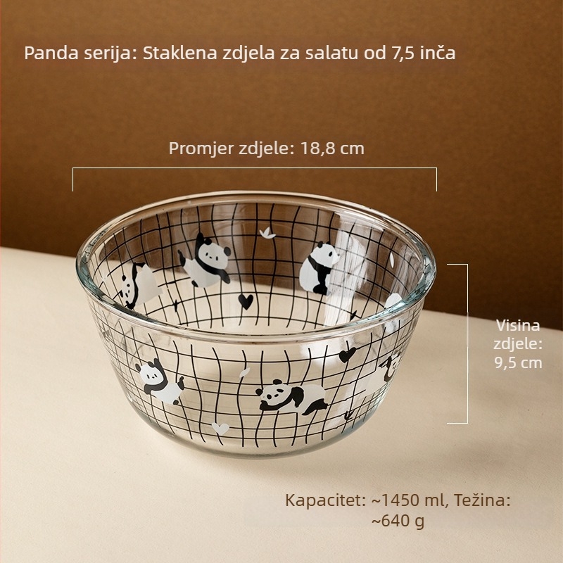 Panda zdjela za salatu od borosilikatnog stakla — otporna na visoke temperature, sigurna za mikrovalnu, okruglog oblika, Panda uzorak