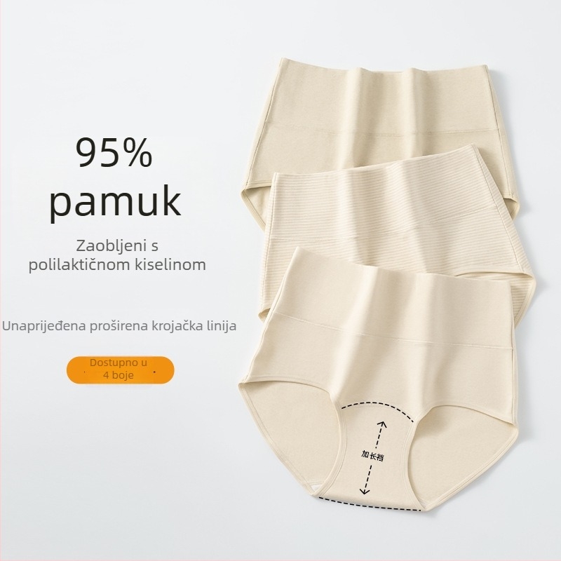 Damske pamučne gaćice s visokim strukom, antibakterijske i prozračne, glavni materijal 90–95% pamuk, podstava u području prepona 70–80% pamuka, u kutiji s 4 para