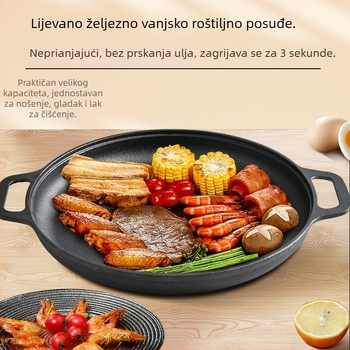 Debeli tiganj za palačinke s dvostrukim držačima, lijevano željezo, ravno dno, bez premaza