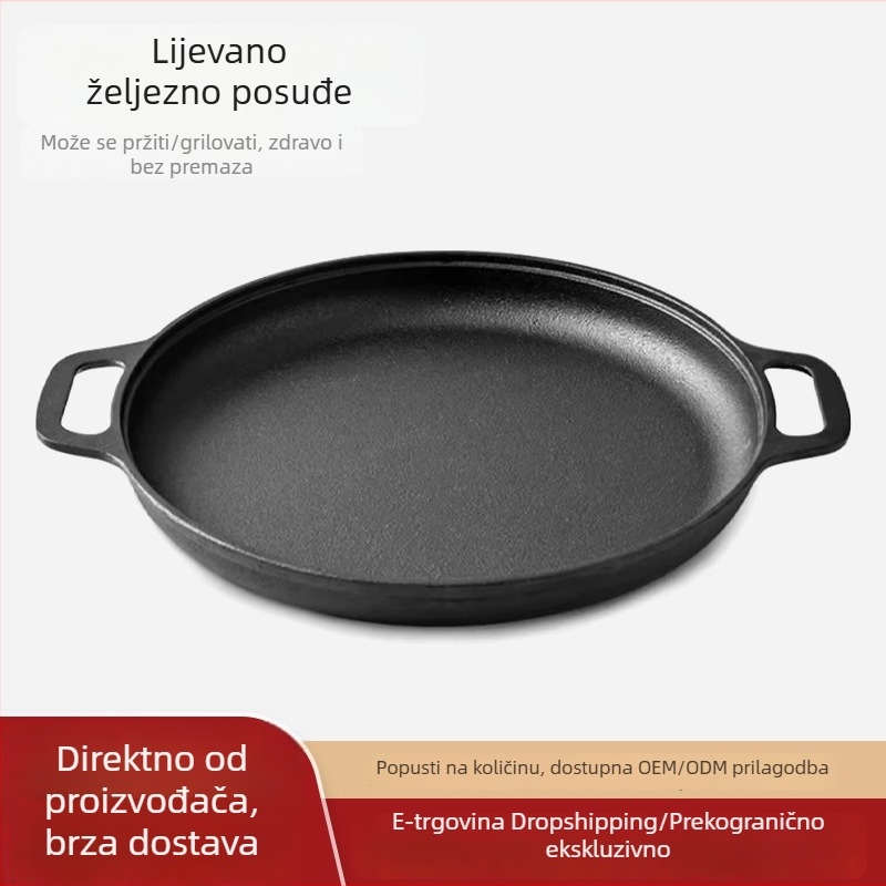 Debeli tiganj za palačinke s dvostrukim držačima, lijevano željezo, ravno dno, bez premaza