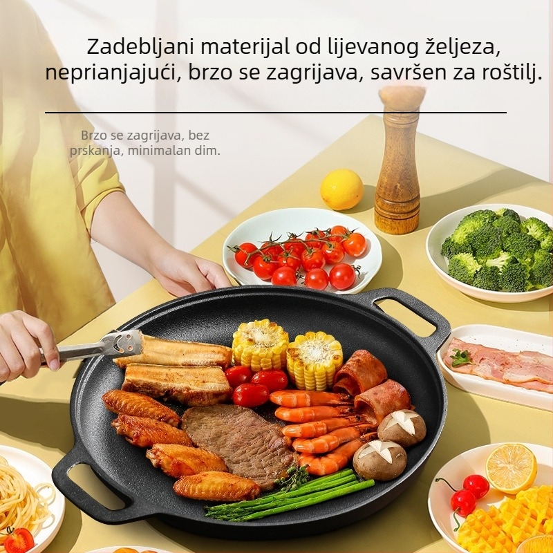 Debeli tiganj za palačinke s dvostrukim držačima, lijevano željezo, ravno dno, bez premaza