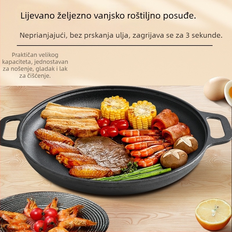 Debeli tiganj za palačinke s dvostrukim držačima, lijevano željezo, ravno dno, bez premaza