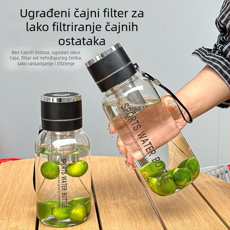 Staklena čaša za čaj od visokokarbon borosilikatnog stakla, s razdvajanjem čaja i vode, cilindričnog oblika, ručni rad, poklopac s pritiskom, dvodijelni set