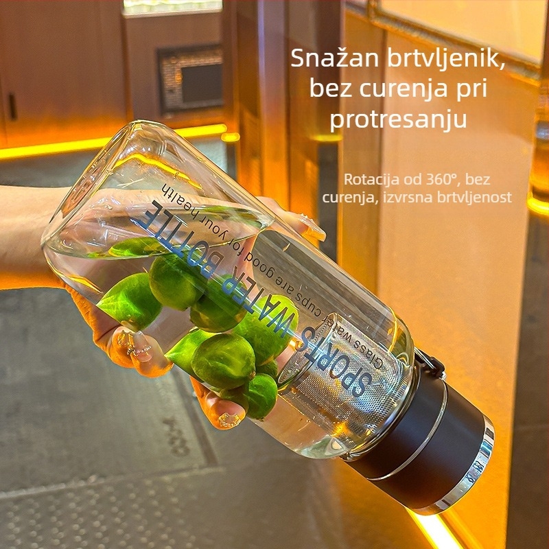 Staklena čaša za čaj od visokokarbon borosilikatnog stakla, s razdvajanjem čaja i vode, cilindričnog oblika, ručni rad, poklopac s pritiskom, dvodijelni set