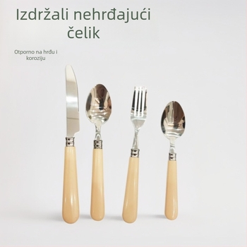 Set pribora od nehrđajućeg čelika za vanjsku upotrebu, četveročlani set s nožem za steak, vilicom i žlicom — ogledni sjaj, 430 nehrđajući čelik, skandinavski stil, jednostavan dizajn, mogućnost prilagodbe