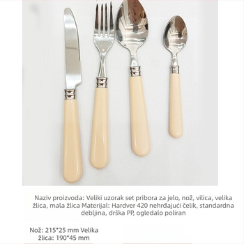 Set pribora od nehrđajućeg čelika za vanjsku upotrebu, četveročlani set s nožem za steak, vilicom i žlicom — ogledni sjaj, 430 nehrđajući čelik, skandinavski stil, jednostavan dizajn, mogućnost prilagodbe