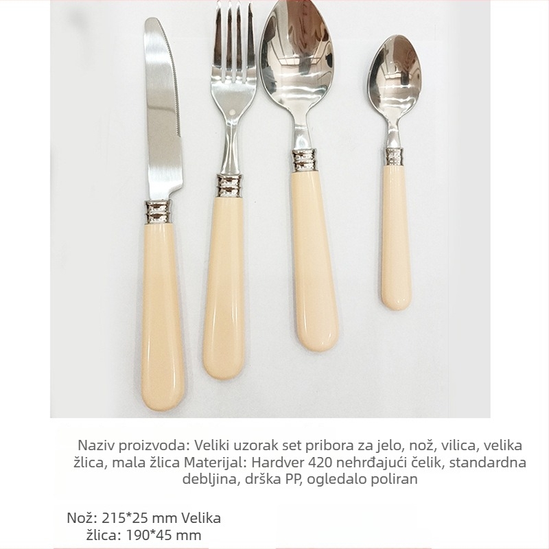 Set pribora od nehrđajućeg čelika za vanjsku upotrebu, četveročlani set s nožem za steak, vilicom i žlicom — ogledni sjaj, 430 nehrđajući čelik, skandinavski stil, jednostavan dizajn, mogućnost prilagodbe