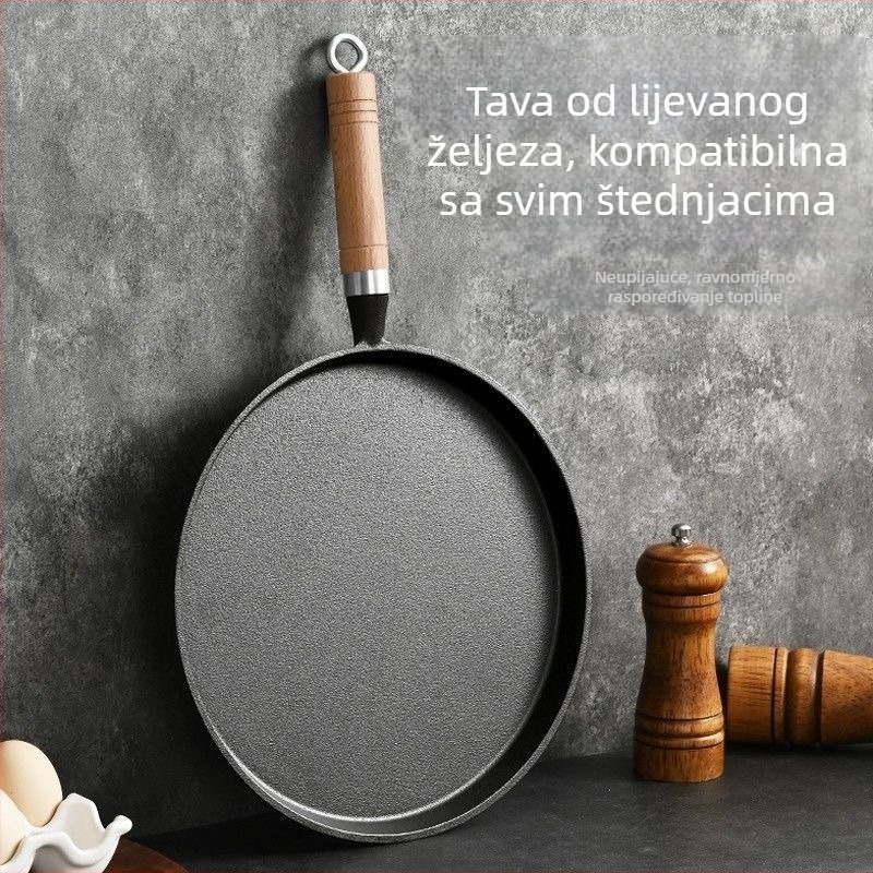 Debeli lijevani tiganj s ravnim dnom za kućnu upotrebu, bez premaza, za palačinke i ručno oblikovane palačinke