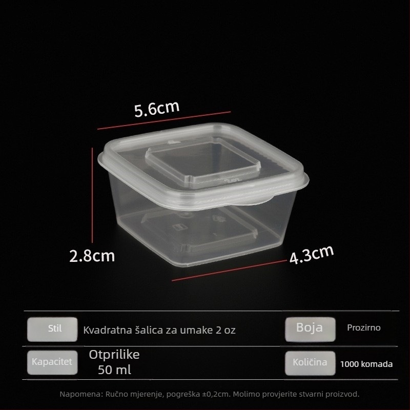 Shengjia Jednokratna kvadratna kutija za umak s poklopcem, od plastike za hranu, mikrovalna sigurna, otisnut logotip, mogućnost prilagodbe