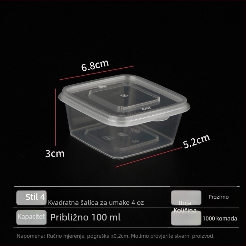 Shengjia Jednokratna kvadratna kutija za umak s poklopcem, od plastike za hranu, mikrovalna sigurna, otisnut logotip, mogućnost prilagodbe