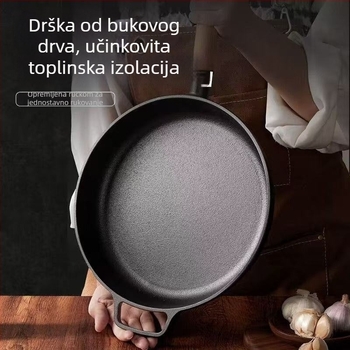 Lijevana tava s ravnim dnom, bez premaza, debeli zidovi, drška od drveta, za jaja, palačinke i steak.