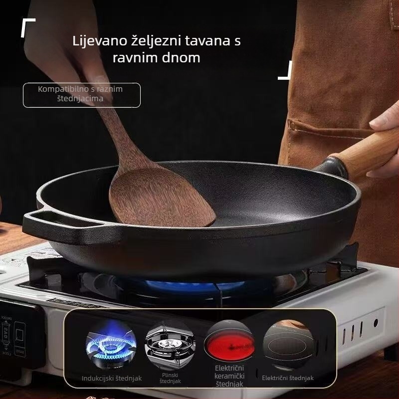 Lijevana tava s ravnim dnom, bez premaza, debeli zidovi, drška od drveta, za jaja, palačinke i steak.