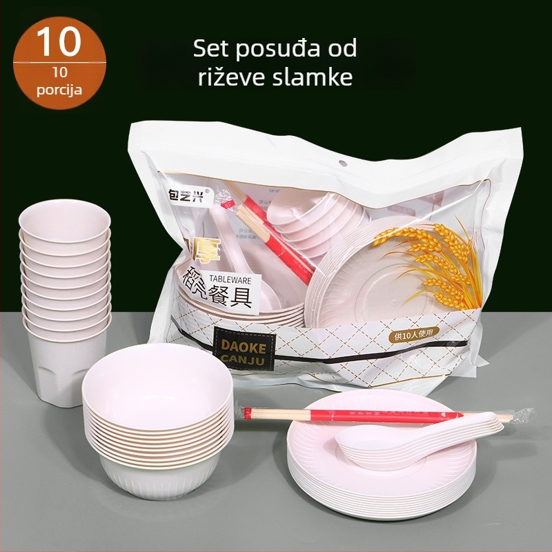 Jednokratni set posuđa od ljuskica riže za vanjsku upotrebu, biološki razgradivo, 10 porcija