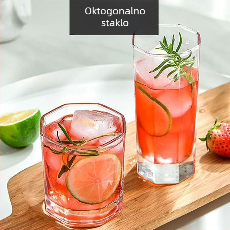 Osmouglasta staklena čaša, moderni minimalistički stil, bez drške i poklopca, s otisnutim logom, prilagodljiva.